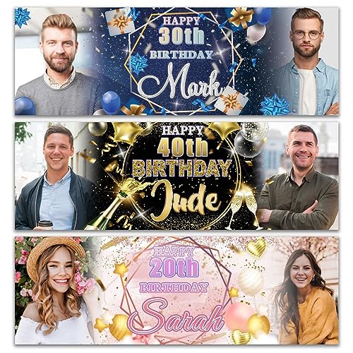 2 Personalised Happy Birthday Photo Banner Custom Photo Name Age Poster Kids Party Banner Gift Decoration-18th 20th 30th 40th 50th 60th 70th