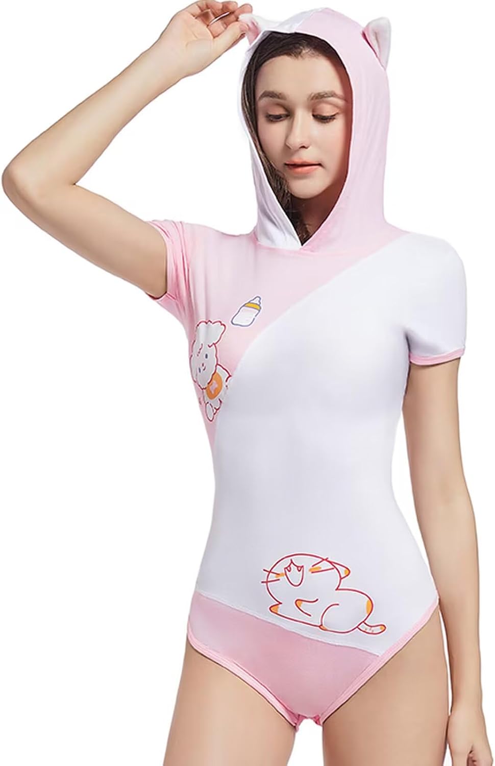 Landofgenie Women's Onesie Cotton Bodysuit Cute Cosplay Jumpsuit Short Sleeve Hooded Romper Pajama - Uta