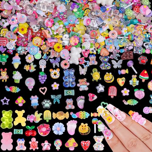 250pcs Kawaii 3D Candy Nail Charms Kit Y2K Cartoon Gummy Bear Bees Fruit Pineapple Sweet Candy Lollipop Donut Ice Cream Cute Heart Star Bows Mixed Colors Jewelry Nail Embellishments for Nail Art Craft