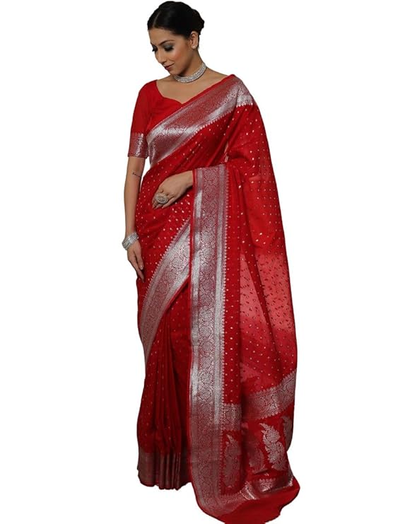 Banarasee Womens Handwoven Faux Georgette Saree With Silver Zari Buti Design - Red