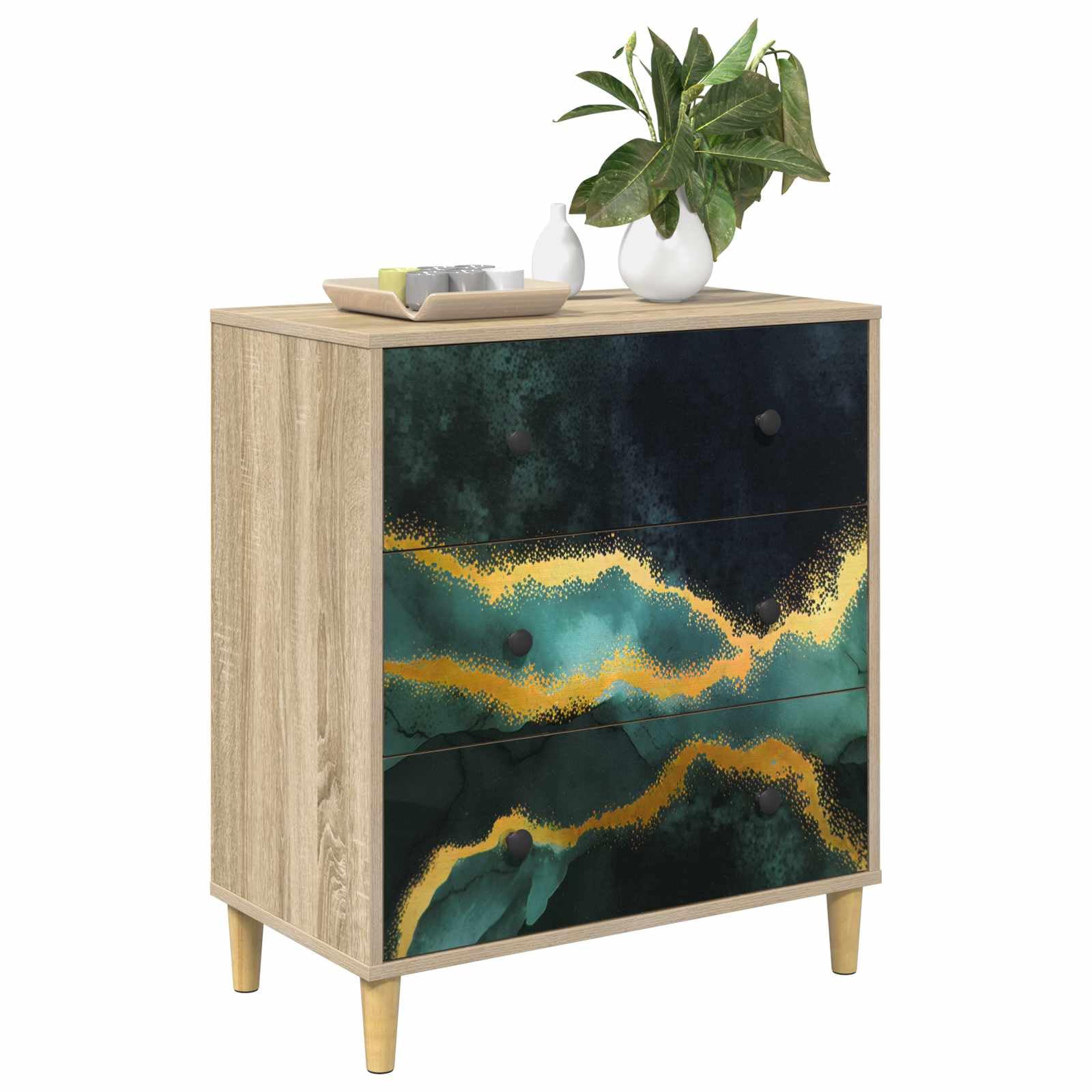 Cajonera WIJHE de mármol teal 66x36,5x75 cm cómoda rectangular de madera para dormitorio