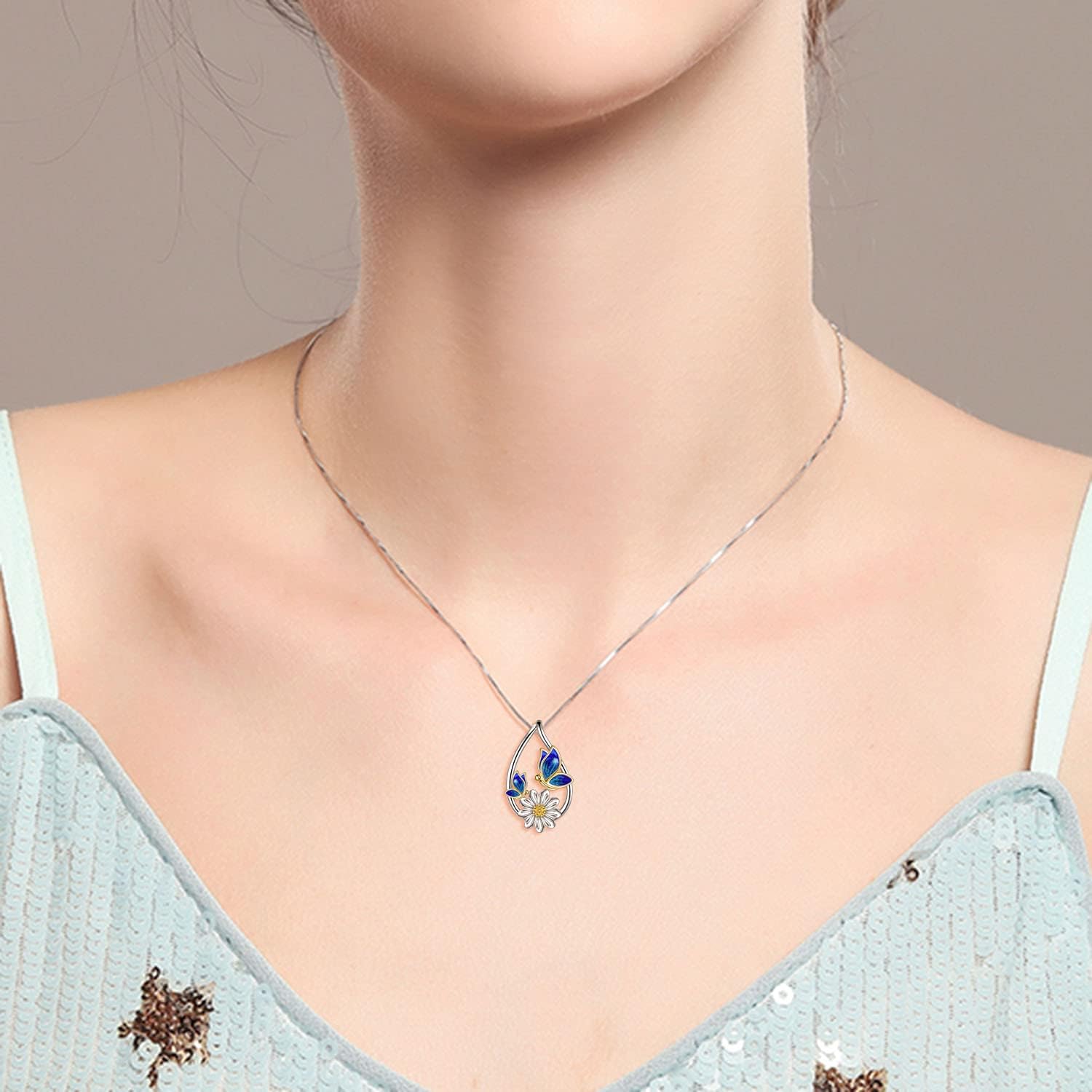 LUHE Butterfly Necklace Sterling Silver Teardrop Daisy Flower Butterfly Pendant Necklace Jewelry Birthday Anniversary Mothers Day Gifts for Women Teens Girlfriend Wife Her Mother Daughter - Image 2