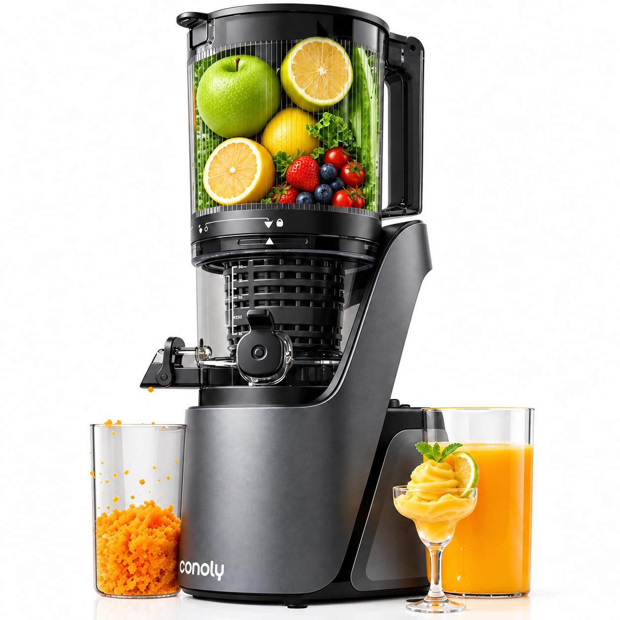 Canoly 3-in-1 Entsafter Slow Juicer mit 150 mm Großer Einfüllschacht | Vielseitig für Saft, Sorbet & Nussmilch, 2,6 L Fassungsvermögen Kaltpress-Saftpresse mit AC-Motor, Selbstschneid-System