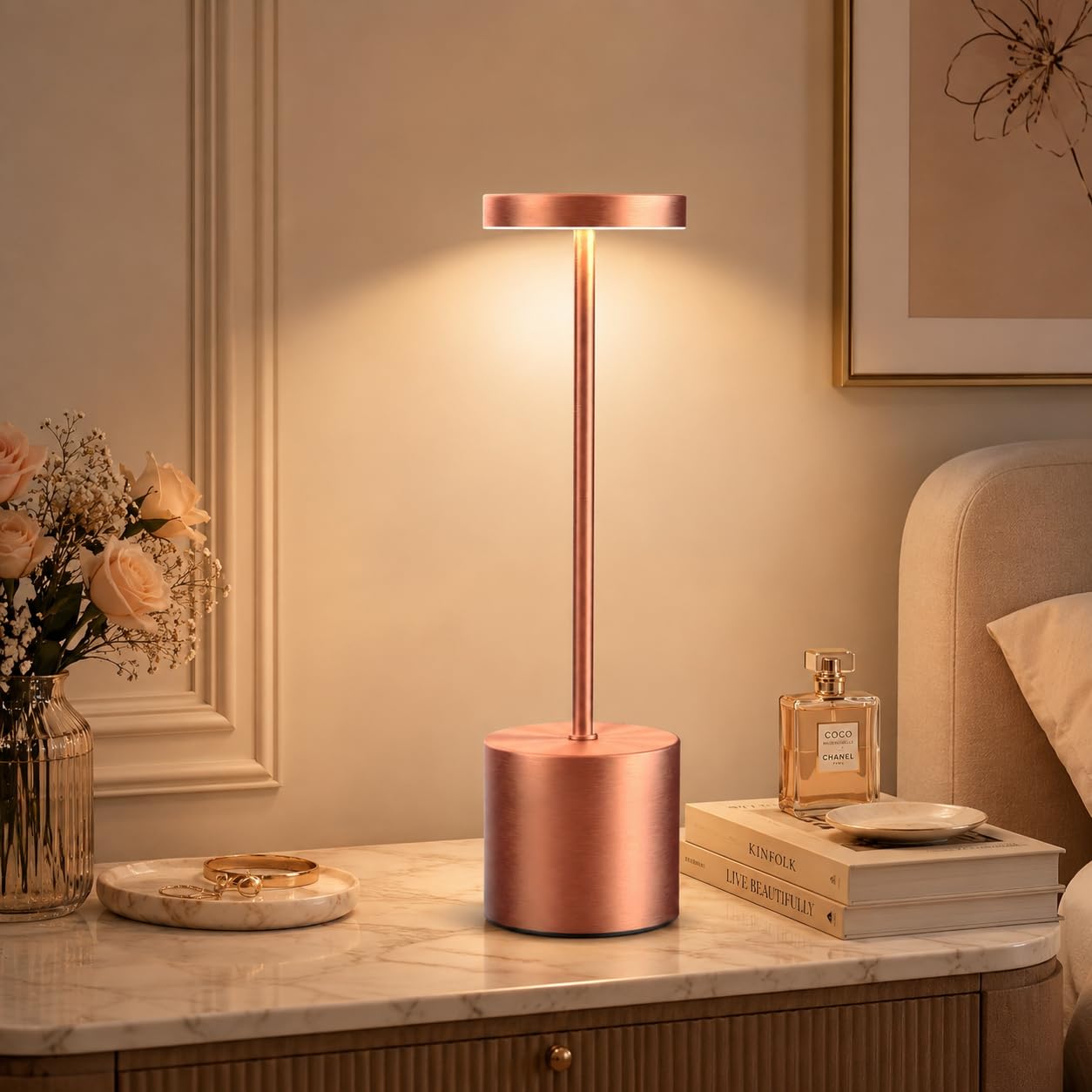 AUDLES Rechargeable Table Lamp –Outdoor Touch Cordless Desk Lamps, 5000mAh Battery Operated Lamp with 3-Color Dimmable Light, Portable LED Lamp for Bedroom, Dining Room, Patio, Outdoor (Rose Gold)