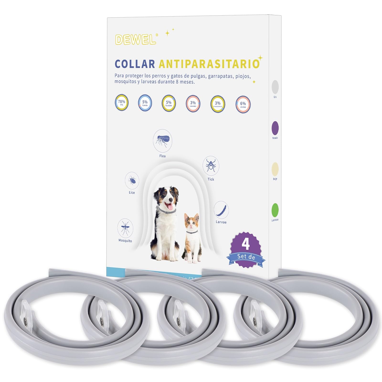 DEWEL Collares Antiparasitarios, Collares contra Pulgas y Garrapatas para Perros y Gatos, Collares Antipulgas Ajustable para Mascotas (Gris, L-63.5 cm)