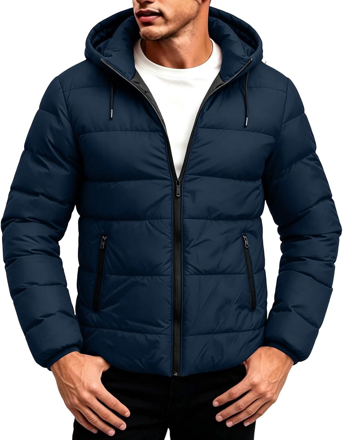 Mens Puffer Jacket Hoodie Casual Long Sleeve Zip Up Warm Coats