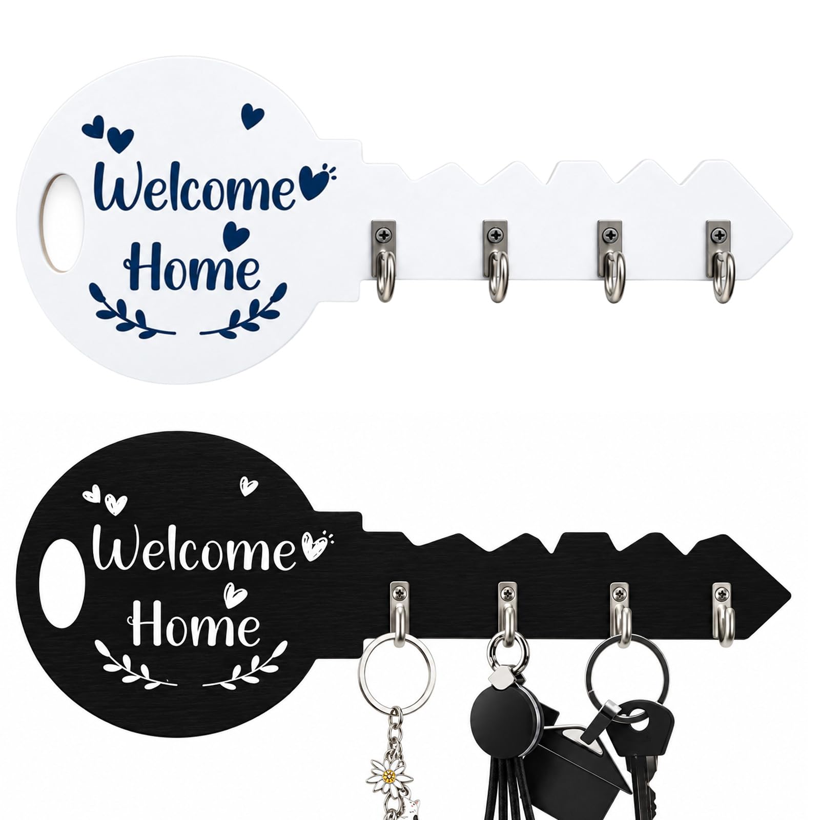 Hounyou 2 House Key Holder Storage Rack, 4 Wall Mounted Self-Adhesive Hooks