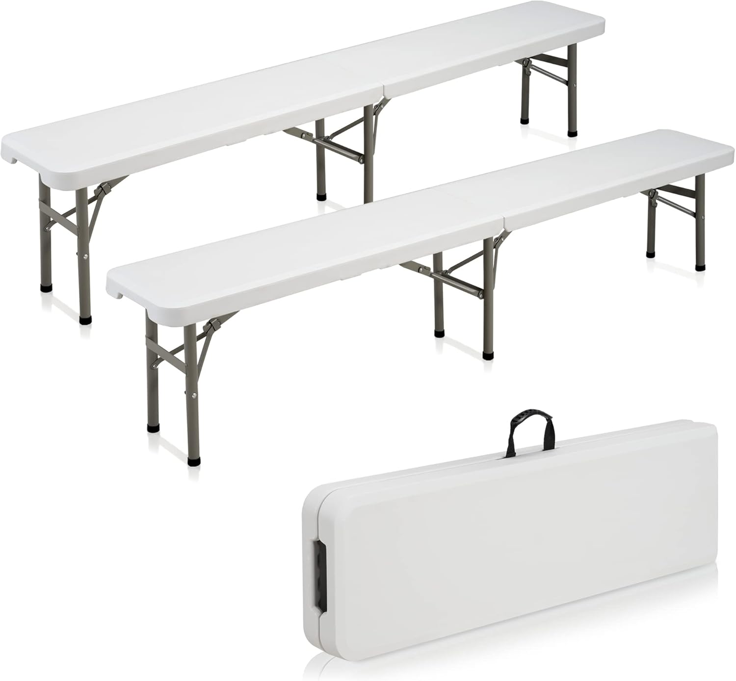 6FT Plastic Folding Bench, Portable Bench with Carrying Handle, Sturdy Waterproof Outdoor Bench, Folding Bench Seat for Picnic Camping Dining Party, Sturdy Steel Frame, 2 Pack, White