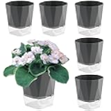6 Pack Self Watering Plant Pots 5 Inches for Indoor and Outdoor Plants - African Violet, Herb, Orchid, Flower Houseplant Planters, Clear Pots, Dark Grey