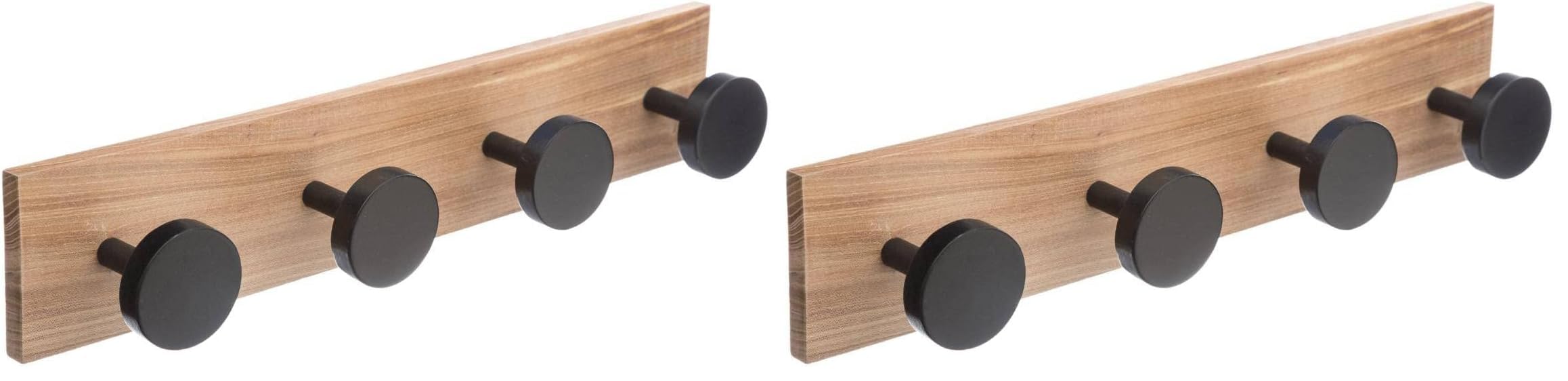 Perchero de pared para recibidor y baño en madera de pino natural con ganchos negros de 40 cm