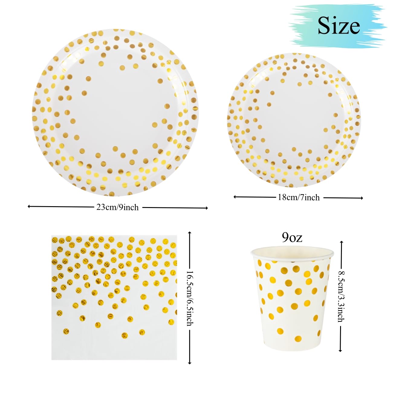 CEILIWEN 100PCS White and Gold Party Tableware Set, White and Gold Polka Dot Party Tableware Includes Plates, Napkins, Cups - Image 2