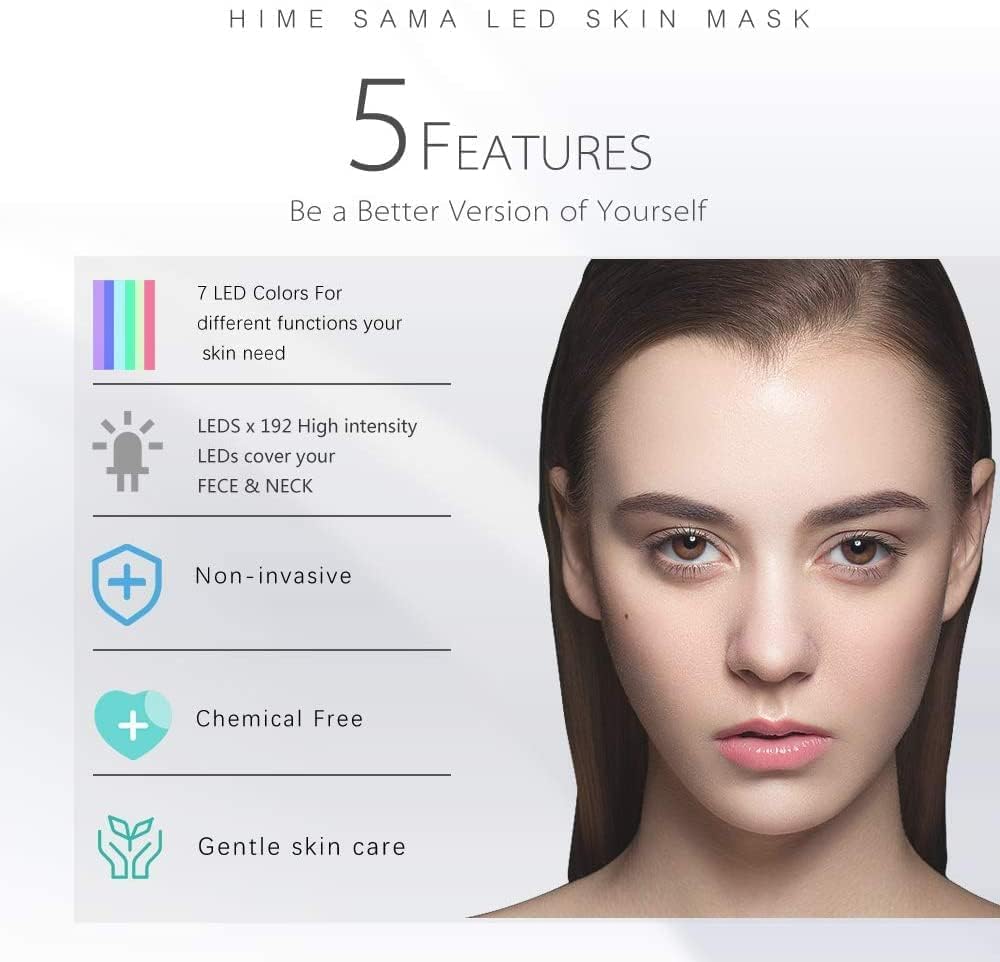 HIME SAMA Maschera per il viso a LED, 7 colori LED per la cura della pelle del viso e del collo, idonea per FSA/HSA, maschera per il viso a LED blu e rosso, maschera facciale portatile e maschera