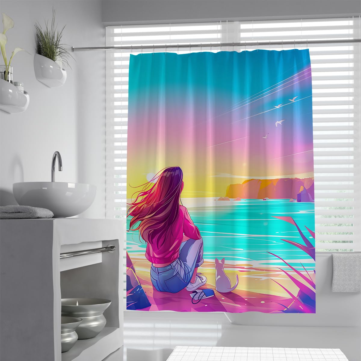 Dreamy Zasłony prysznicowe W200 x szer. 200 cm Odporna na pleśń tkanina poliestrowa Sunset Beach Pink Sea odporna na pleśń szybkoschnąca Rustproof Villette do kamperów