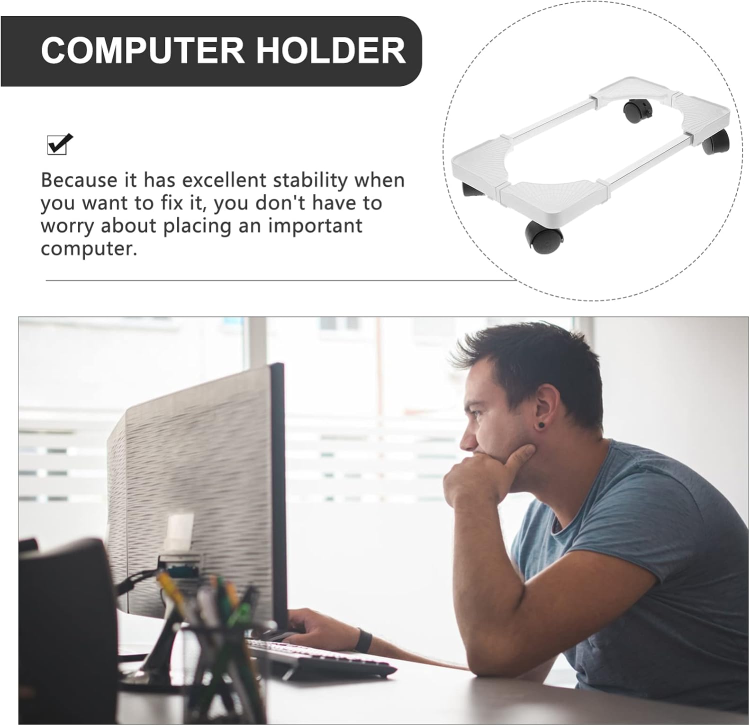 Mobile Computer Tower Stand with Wheels Pc Holder for Under Desk Construction Space-Saving CPU Cart for Home Office White