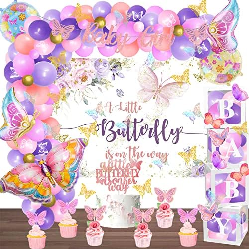144 PCs Butterfly Baby Shower Decorations for Girl, Fiesec Butterfly Backdrop Balloon Garland Arch Baby Girl Glitter Banner Box Cutout Cake Cupcake Topper 3D Butterfly Floral Pastel Purple Pink