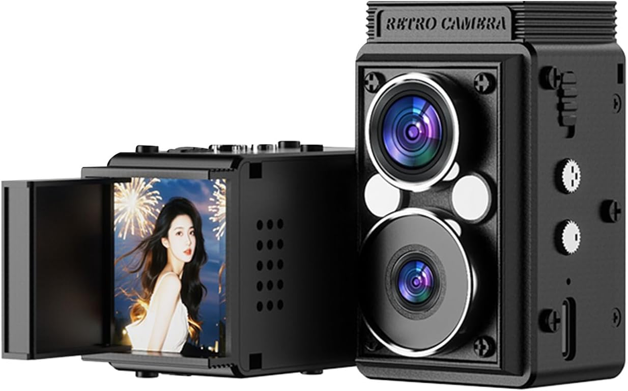 S11 Digital Camera Retro, Dual Lens CCD Camera, Portable TLR Style Retro Point and Shoot Compact Small wit 6 Filter for Beginners Teens Adults Black