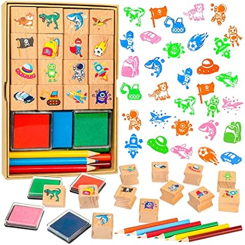 Zayvor Kids Stamps Set, Boy Wooden Rubber Stamp with Ink Pad Colored Pencil, Holiday Square Craft Stamp for Stamping Scrapbooking Crafting Booking Card Making Stocking Filler,Party Favor Gift Cover