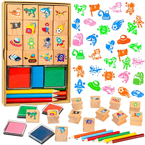 Zayvor Stempel Für Kinder, Wodden Hölzern Stempel Set Mit Kinderstempeln Stempelkissen, Geschenken Und Diy Scrapbooking, Jungen Dinosaurier Fußball Pirat Weihnachten Geburtstag Geschenk Cover