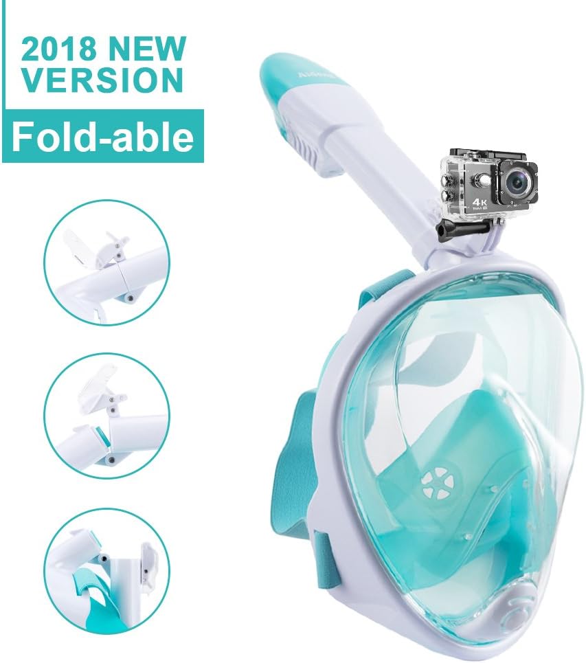 180° Full Face Snorkel Mask With Panoramic View Anti-Fog Design, Foldable Storage Snorkel Set With Camera Mount, Swimming Set for Men Women Kids (180° Panoramic Fold White/ Green, Large/Extra Large)