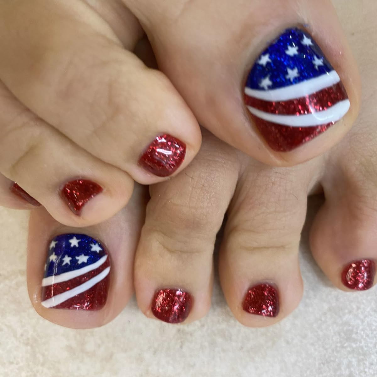 Dark Red Press on Toenails Short Square Toe Nail Press Ons Cute Fake Toenails with American Flag Designs Summer Toe Press on Nails 4th of July Star