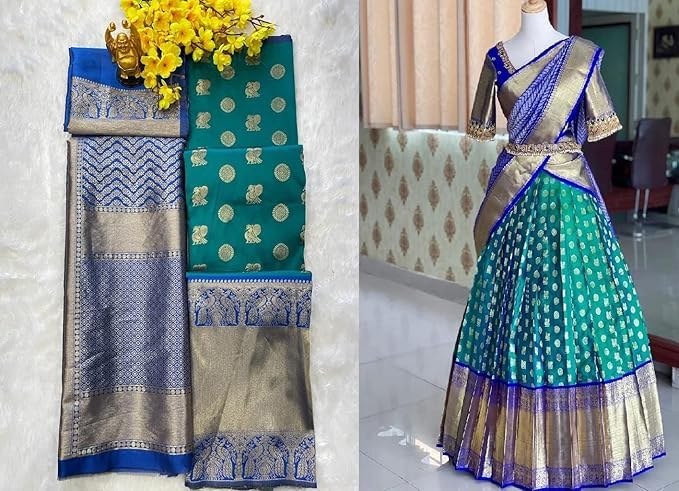 Image of ZITON ARICO MART Women's Indian Traditional Kanjivaram Silk Pure Weaving Lehenga Choli Along With Dupatta And Blouse Piece, Half Saree (Unstitched)