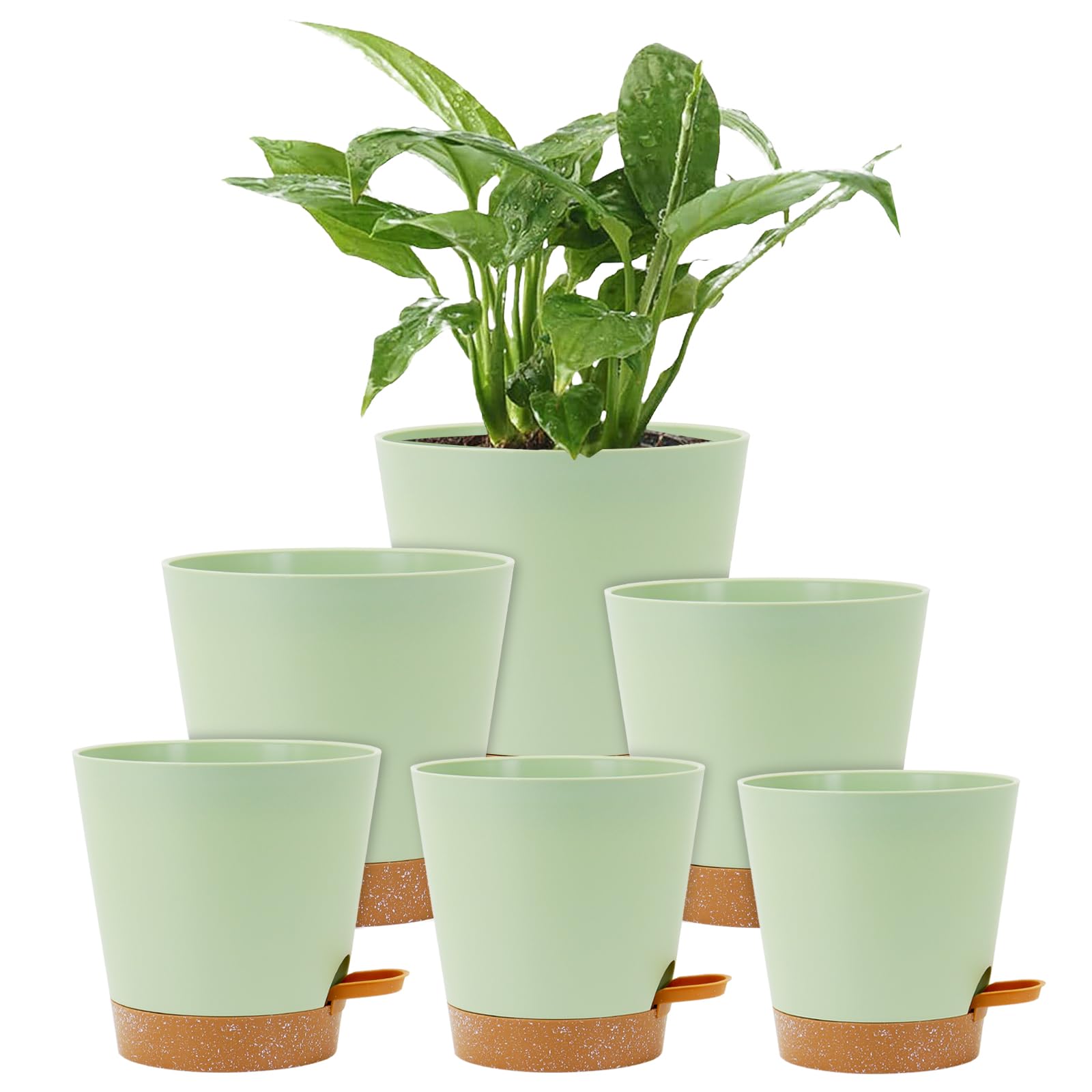 Homeuouz 6 Pack Self Watering Plant Pots Indoor-20/17.5/16.5/15/14/12.5CM Plastic Flower Pots with Drainage Holes, Saucer & Reservoir, for House Plants, Herbs & Succulents(Green)