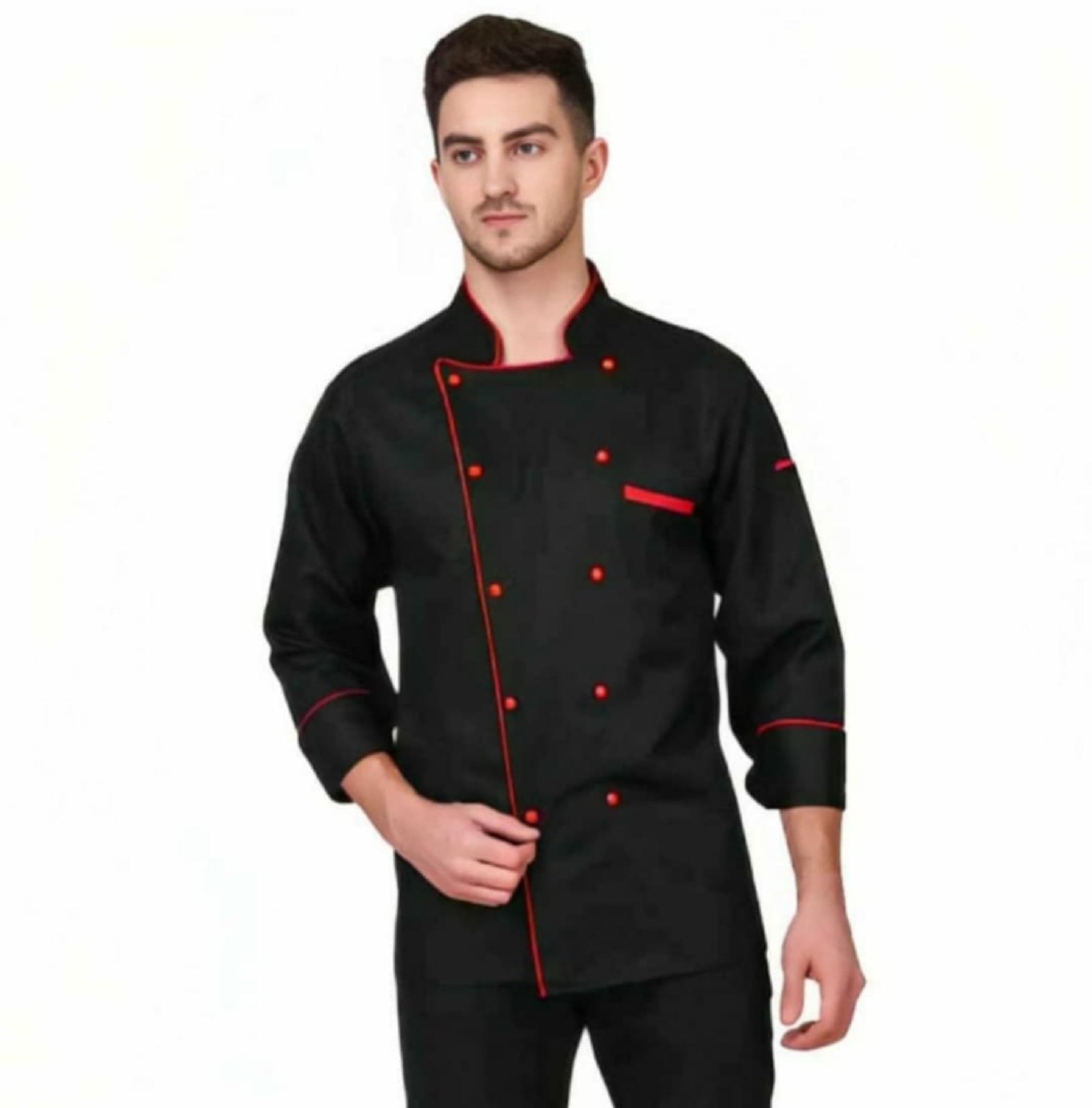 rajindras SLEEK & STYLISH CHEF COATS TO ELEVATE YOUR CULINARY ATTIRE(MEN & WOMEN)(BLACK WITH RED PIPING) (XXL)-picture-33