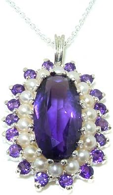 Unusual Ladies Solid 925 Sterling Silver Ring, Natural Amethyst & Pearl 3 Tier Cluster Pendant Necklace with English Hallmarks