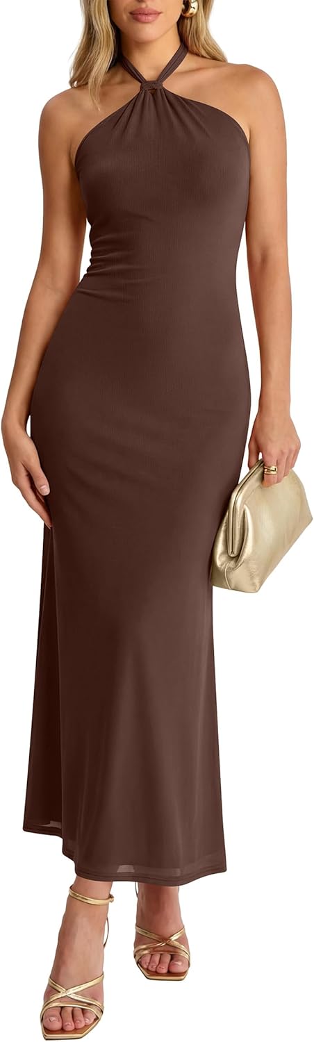 Prinbara Womens Halter Neck Bodycon Maxi Dresses 2026 Summer Mesh Backless Elegant Formal Wedding Guest Party Club Long Dress