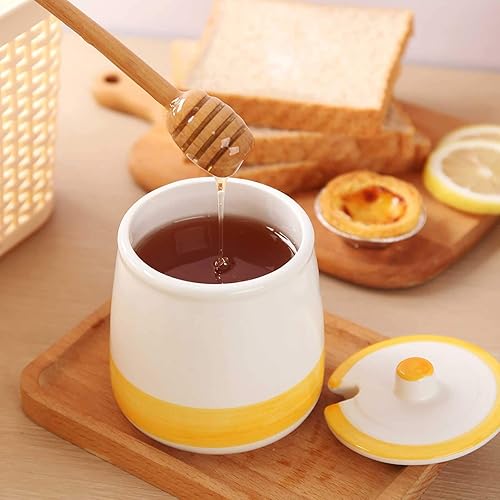Miniatura 4 de Kitchenexus - Tarro de miel de cerámica de 13.3 onzas con tapa y recipiente de madera para cocina del hogar, recipiente de miel de porcelana para