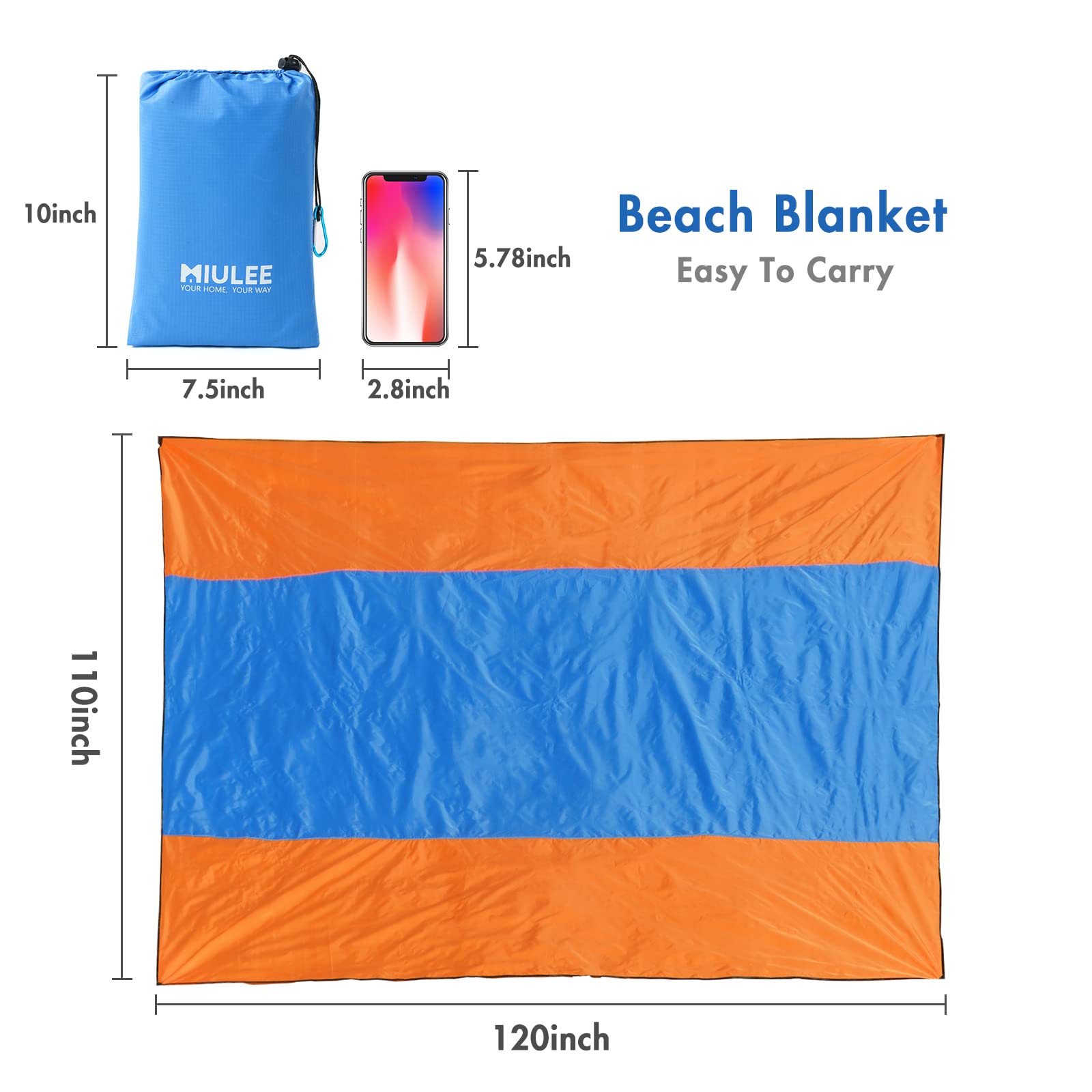 Tapis De Plage Imperméable MIULEE 280x290cm - Grande Couverture Anti-Sable Avec Piquets