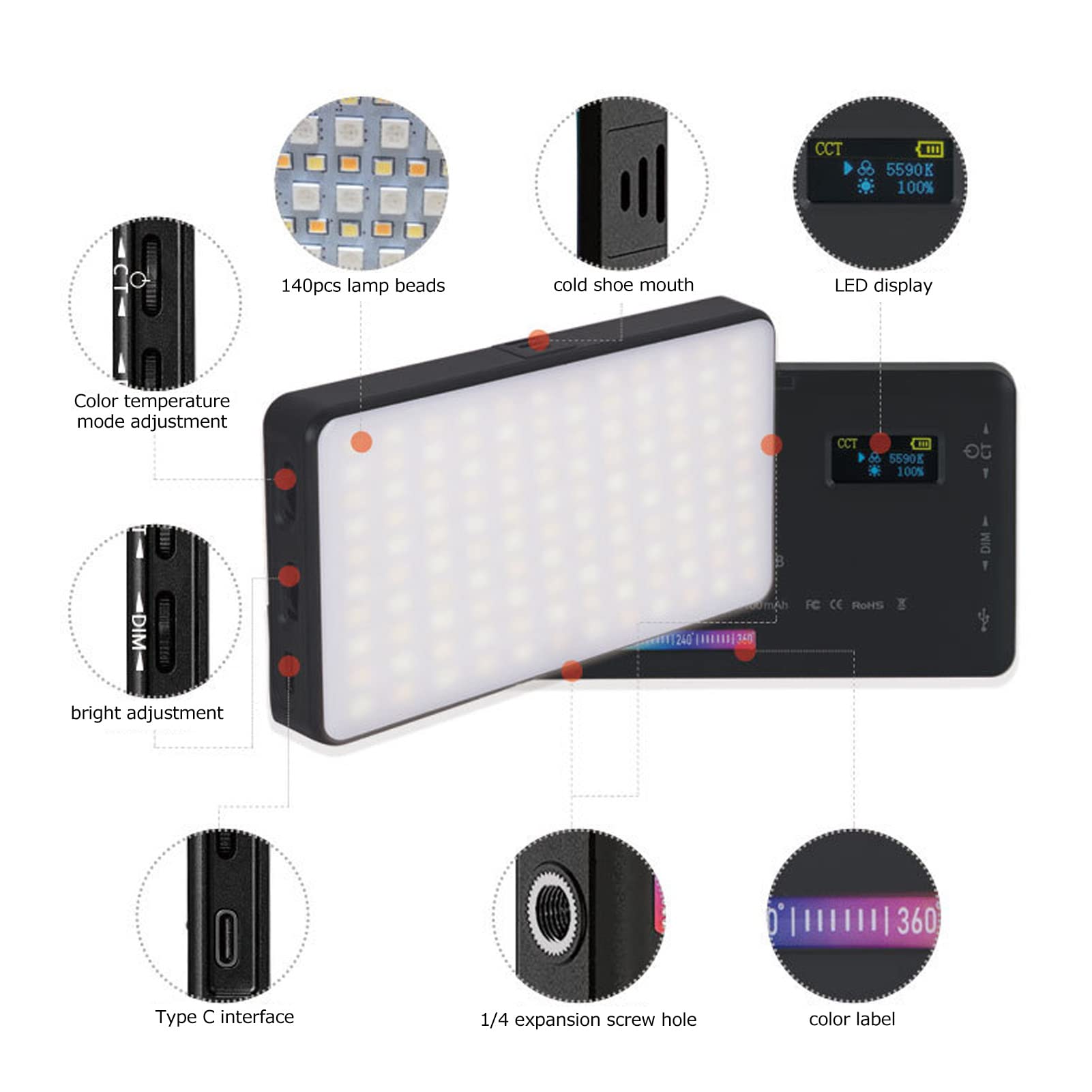 Luce Video a LED RGB Sulla Fotocamera, Luce Mini Fotocamera 3100mAh Lampada da Pannello Dimmerabile Ricaricabile da 2500K a 9000K, Luce di Riempimento per Fotografia a LED per Illuminazione Video per