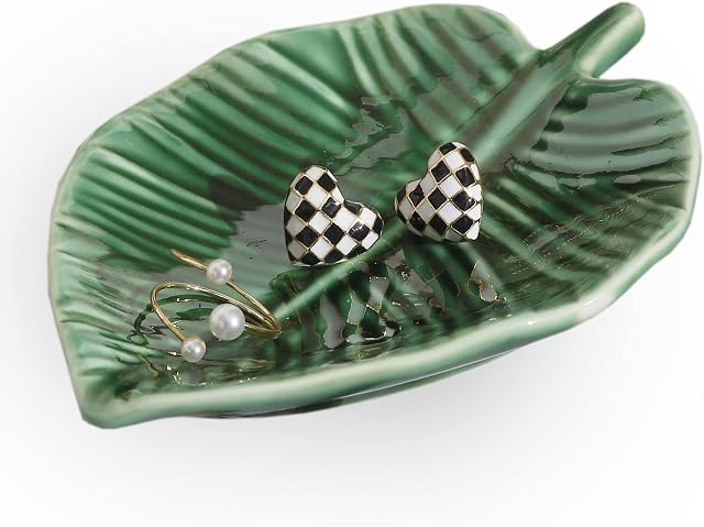 Titanape Green Leaf Trinket Dish Decorative Jewellery Dish Tray, Ring Dish Holder for Ring Necklace Bracelet Storage, Key Dish Bowl, Funny Gifts for Women, Girl, Her, Friend - Birthday Christmas Gift