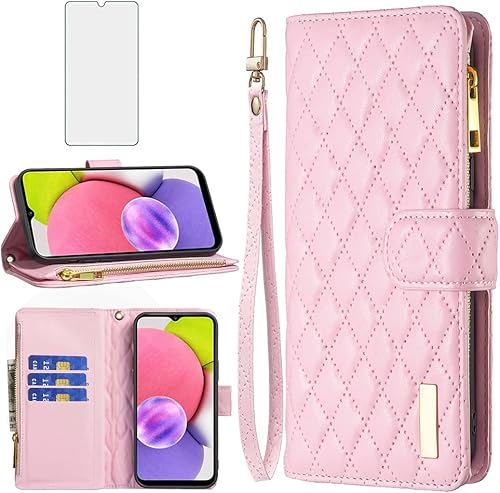 Asuwish Funda de teléfono para Samsung Galaxy A12M12 con protector de pantalla de vidrio templado y soporte de tarjeta de crédito con tapa de cuero,