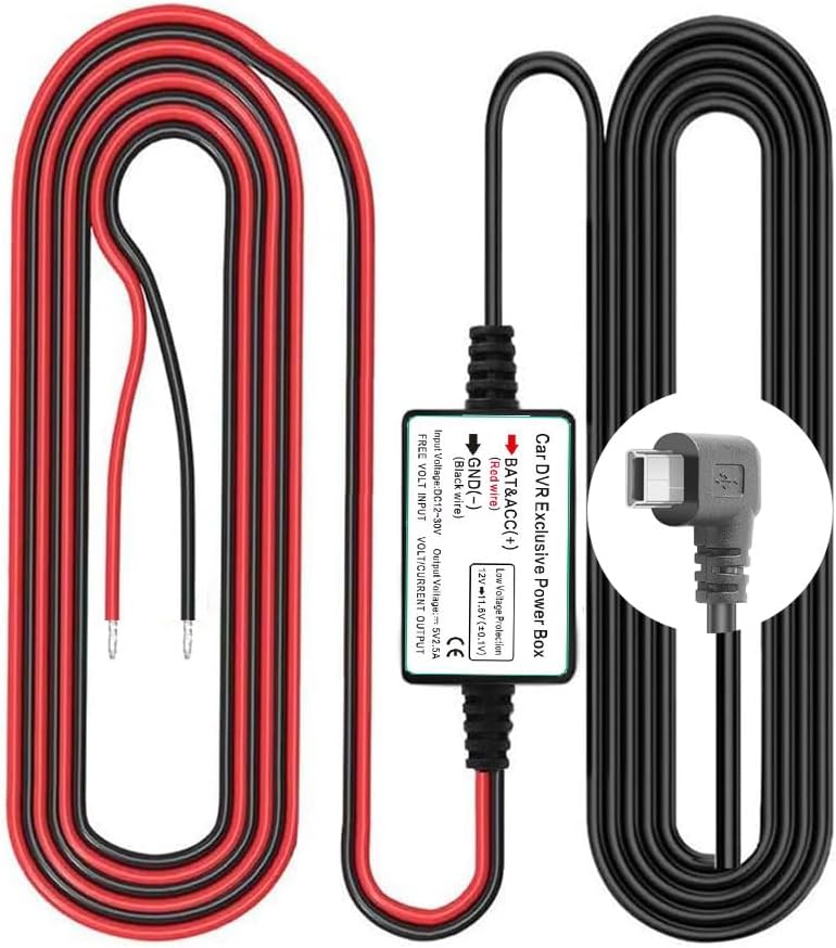 Комплект кабелей для автомобильной видеокамеры Gebildet, мини-USB L-разъем, защита от низкого напряжения, DC 12–24 В до 5 В/2,5 А