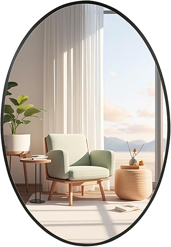 Espejo de pared ovalado, espejo ovalado negro de 24 x 36 pulgadas, espejo de baño con marco de metal, espejo decorativo de pared para el hogar,