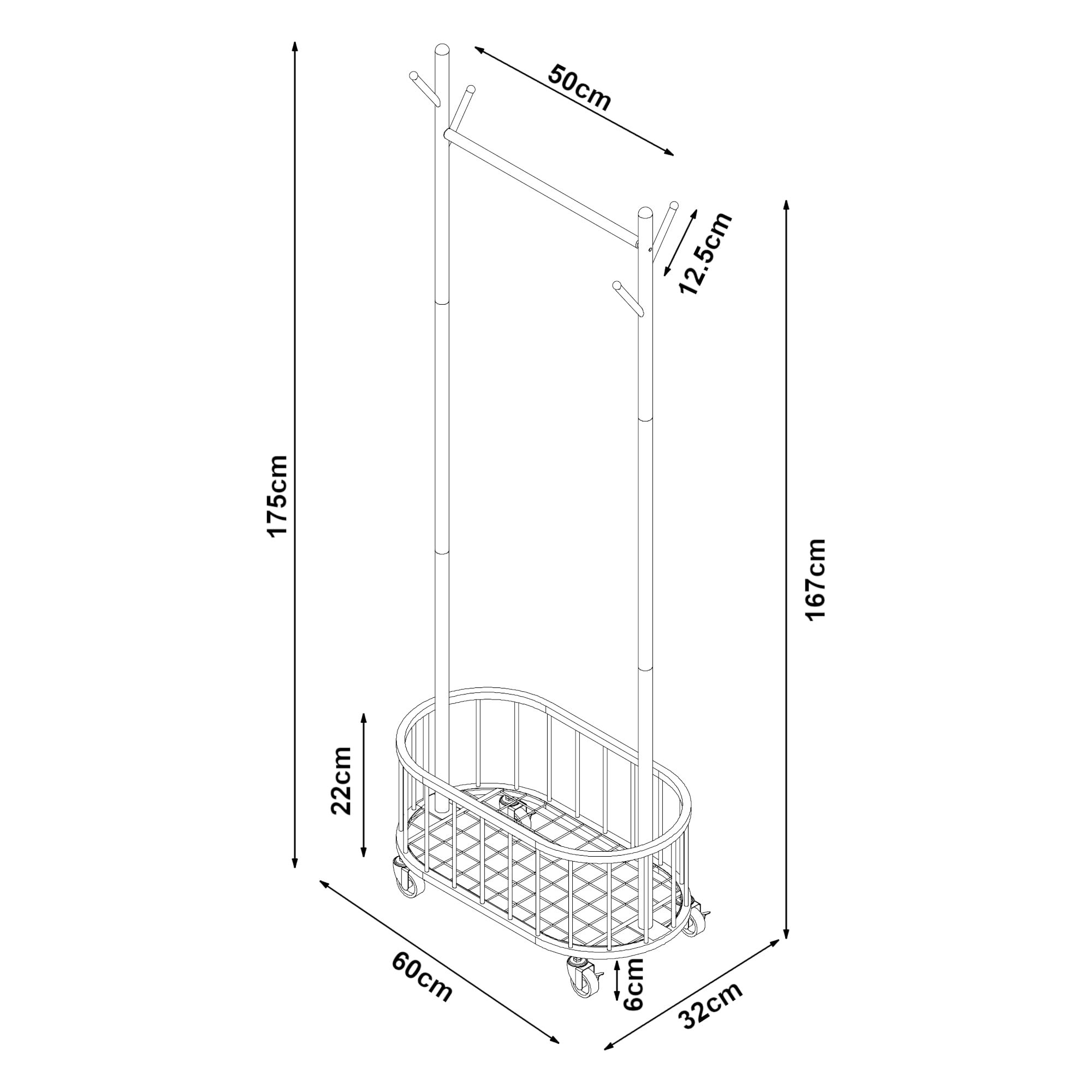 [en.casa] Stand Appendiabiti a Rotelle Organizzatore Guardaroba con Barra Porta Abiti Ganci e Cestello di Stoccaggio 175 x 60 x 32 cm Acciaio Bianco