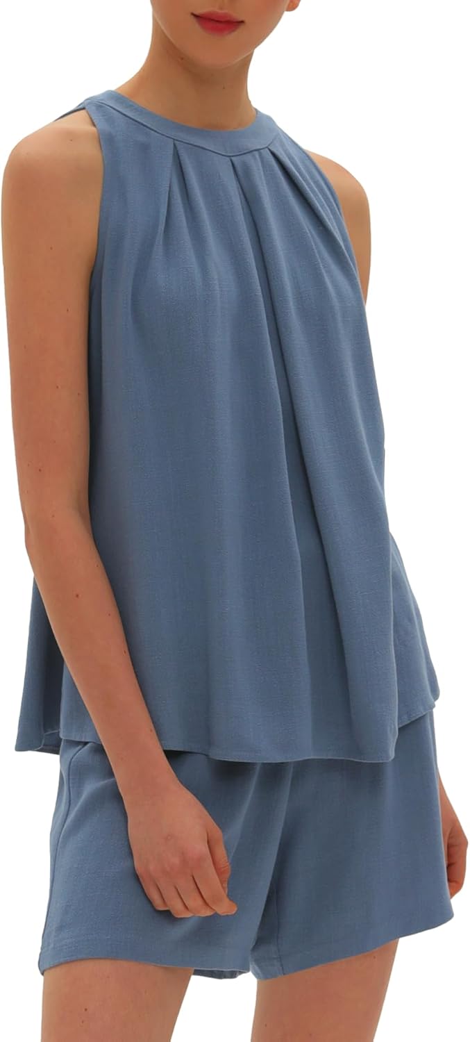 Beaully Linen Short Sets 2 Piece for Women Summer Casual Sleeveless Halter Neck Tops And Shorts Set Travel Outfits - Image 4