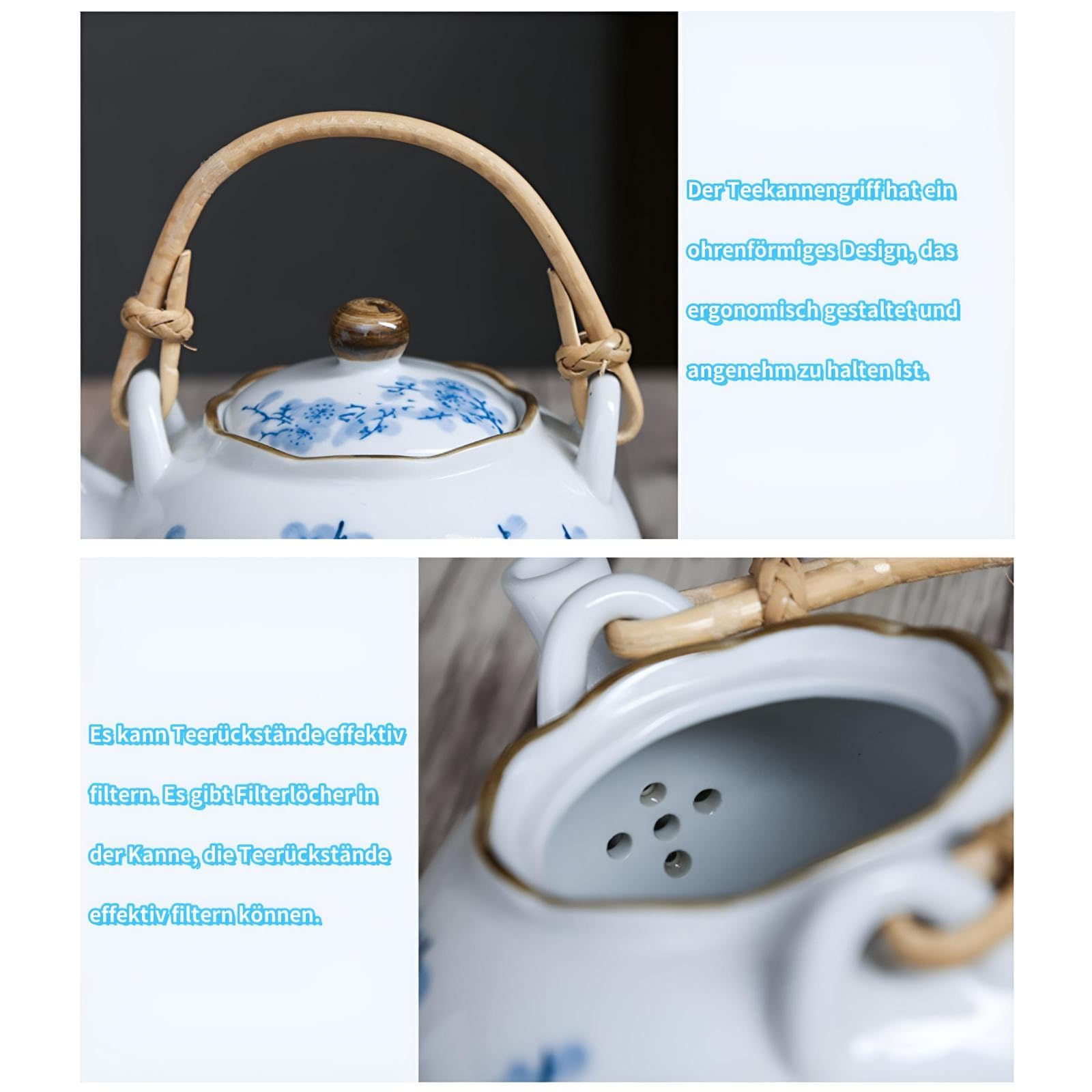 Japanisches Weißem Porzellan-Teeservice Mit Blauem Blumen-Design Teekanne Mit Rattan-Griff Teekannen Set Mit Tasse Teekanne Und 4 Teetassen Japanisches Blau und Weiß Porzellan Tee Set