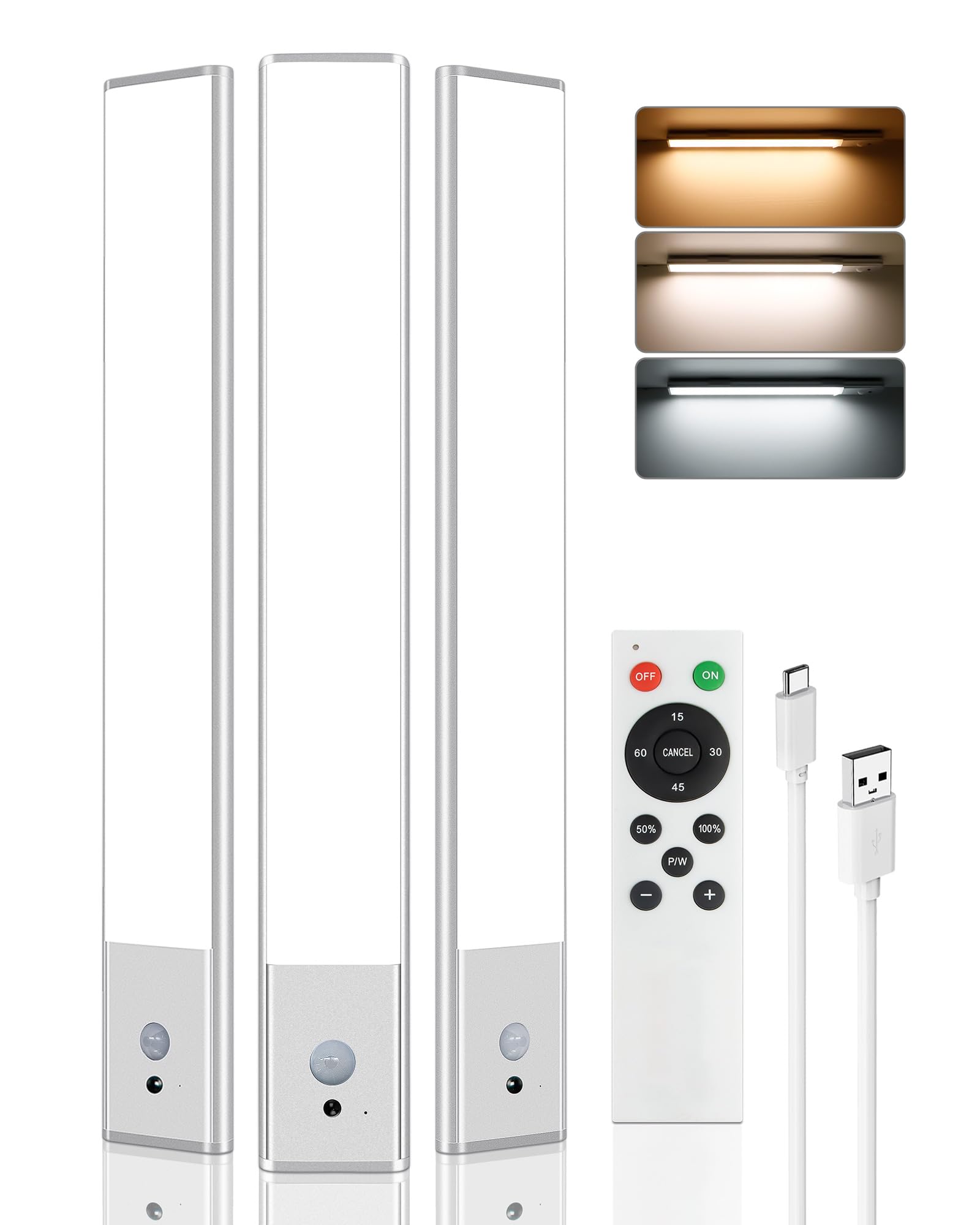 Under Counter Lights for Kitchen, Rechargeable Under Cabinet Lighting Wireless Motion Sensor Light Indoor 64 LED 3 Color T...