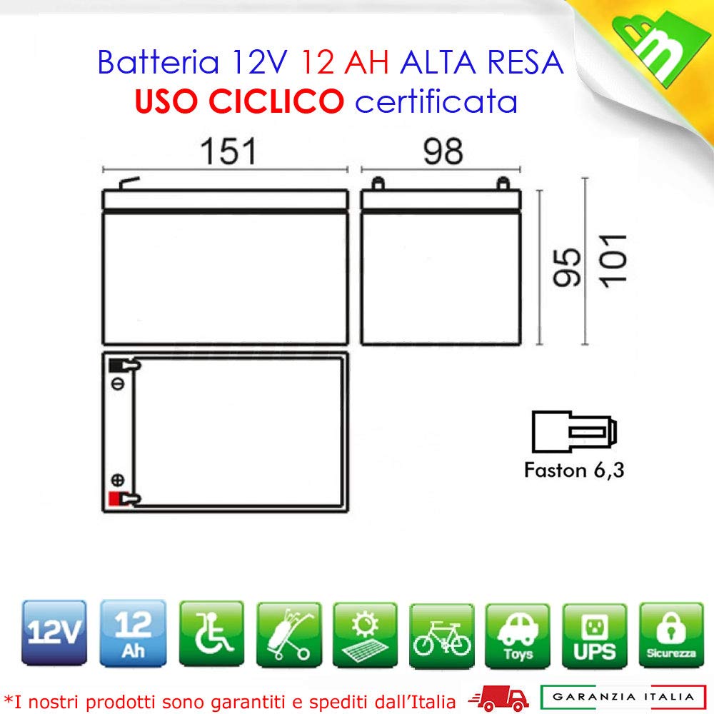 KIT 4 BATTERIE AL PIOMBO RICARICABILE 12V 48V 12AH CICLICA USO CICLICO BICI BICICLETTE ELETTRICHE MONOPATTINI QUAD ELETTRICI TRAZIONE ELETTRICA CONNETTORI FASTON 6,35mm DEEP CYCLE 6-DZM-12 6DZM12