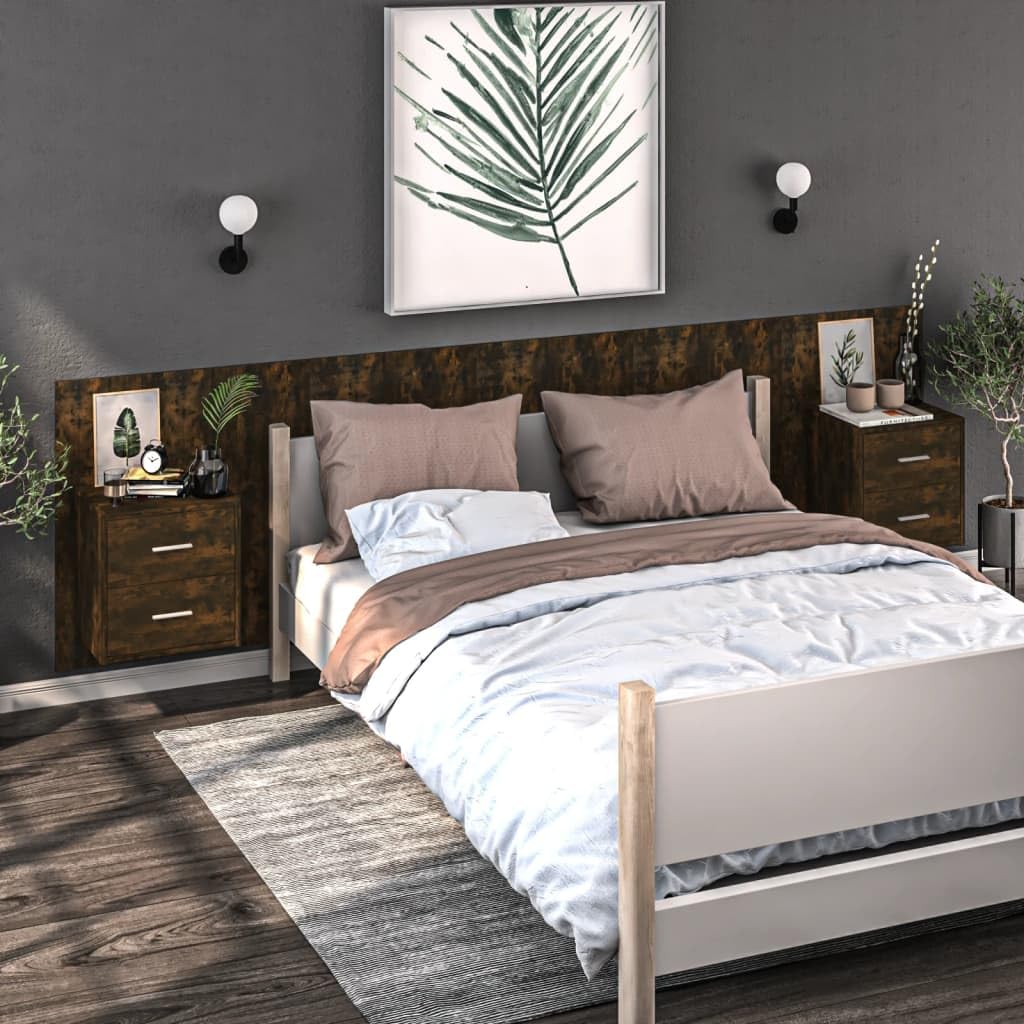 Table de chevet murale bois chêne fumé avec rangement suspendu lot de 2