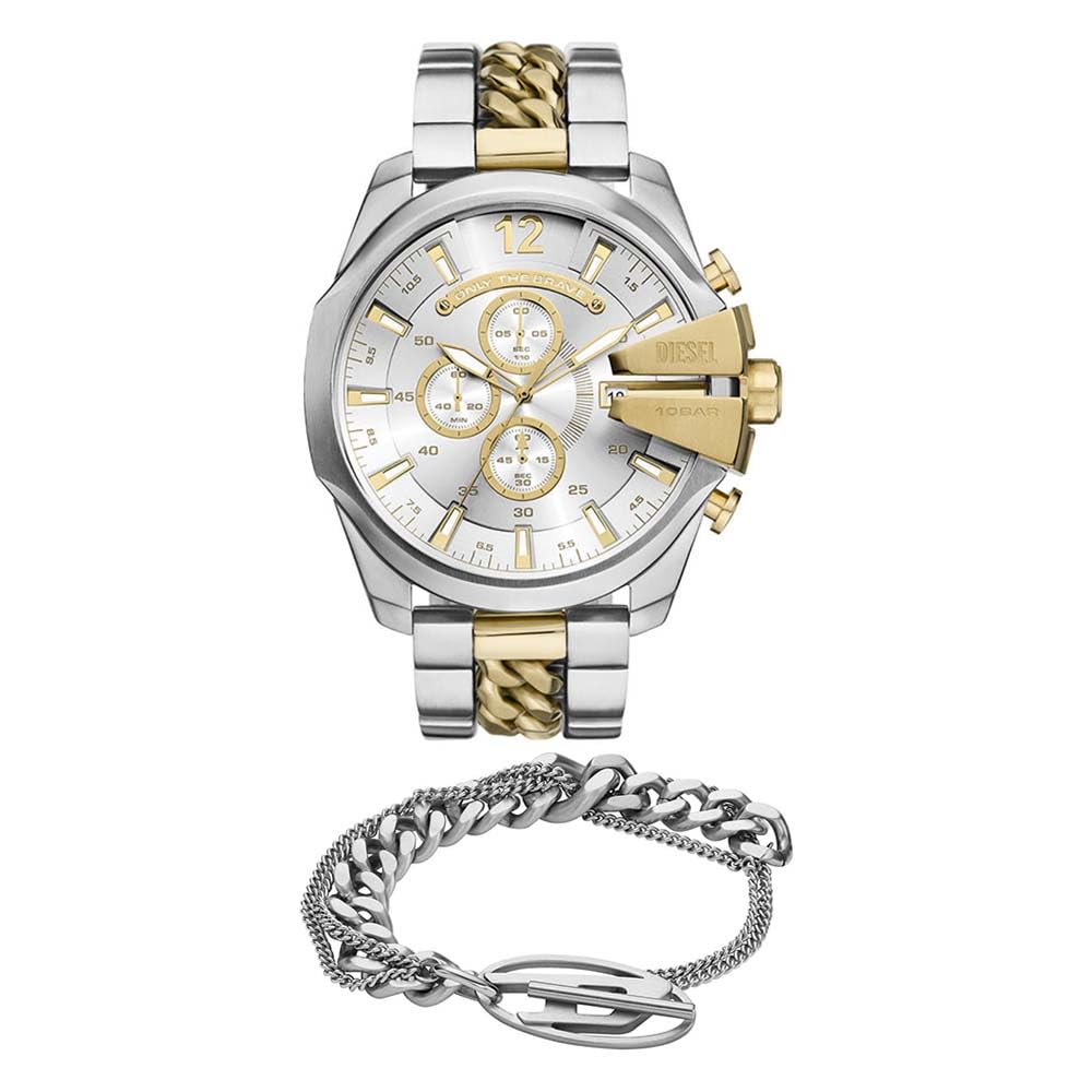 Diesel Reloj Multicolor de Hombre y Pulsera Oval D Logo de Acero Inoxidable Plateado, Set