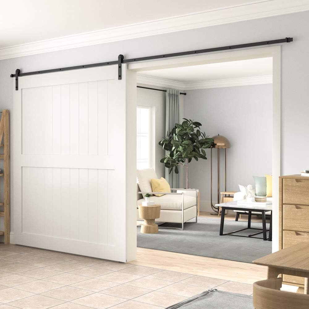 WINSOON 12FT Barn Door Hardware Kit: Single Sliding Door Hardware - Heavy Duty Black Barn Door Track Kit - Carbon Steel Sliding Barn Door Rail - J-Shape Easy to Install for 77" Closet Panel(No Door)