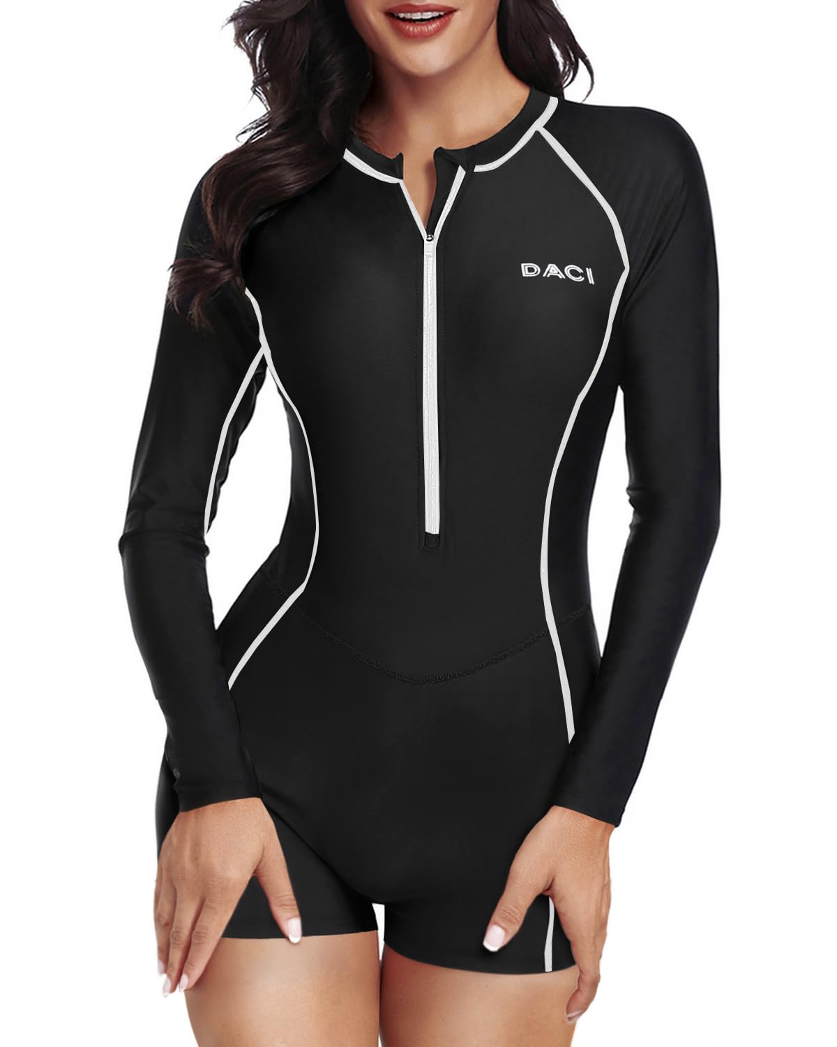 Daci Zipper Long Sleeve One Piece Rash Guard Swimsuit UPF 50+