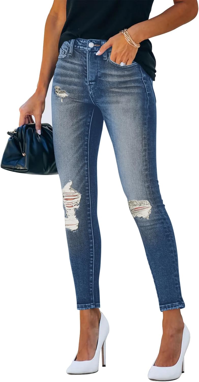 Women's Mid Waisted Jeans Trendy Distressed Stretch Ripped Butt Lift Denim Pants (Pack of 2) - Image 2