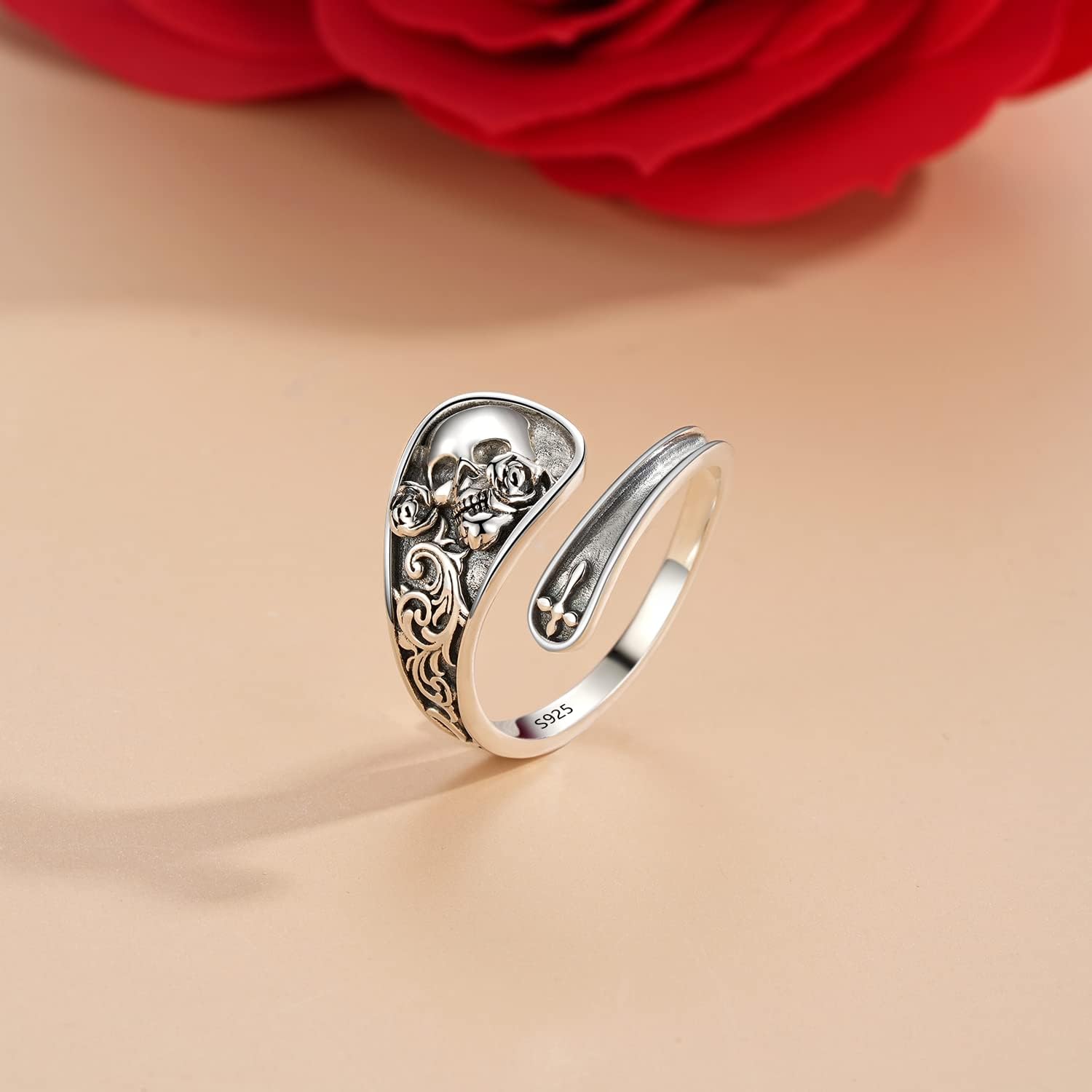 Skull Ring 925 Sterling Silver Spoon Rings Gothic Skeleton Adjustable Statement Ring Vintage Jewelry for Women Anniversary Gothic Girlfriend Wife