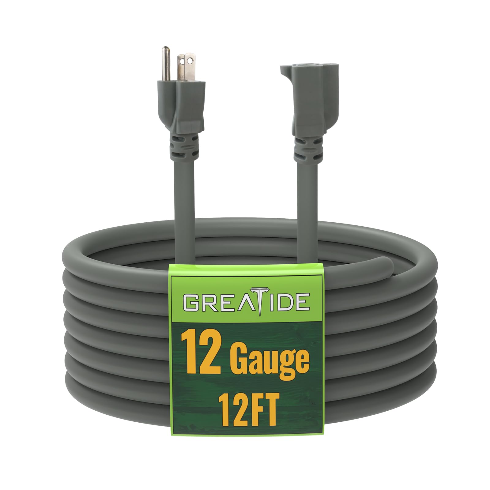 GREATIDE 12 Ft Outdoor Extension Cord - 12/3 SJTW Heavy Duty Grey Extension Cable with 3 Prong Grounded Plug - Power Cord for Lawn, Garden, Appliances