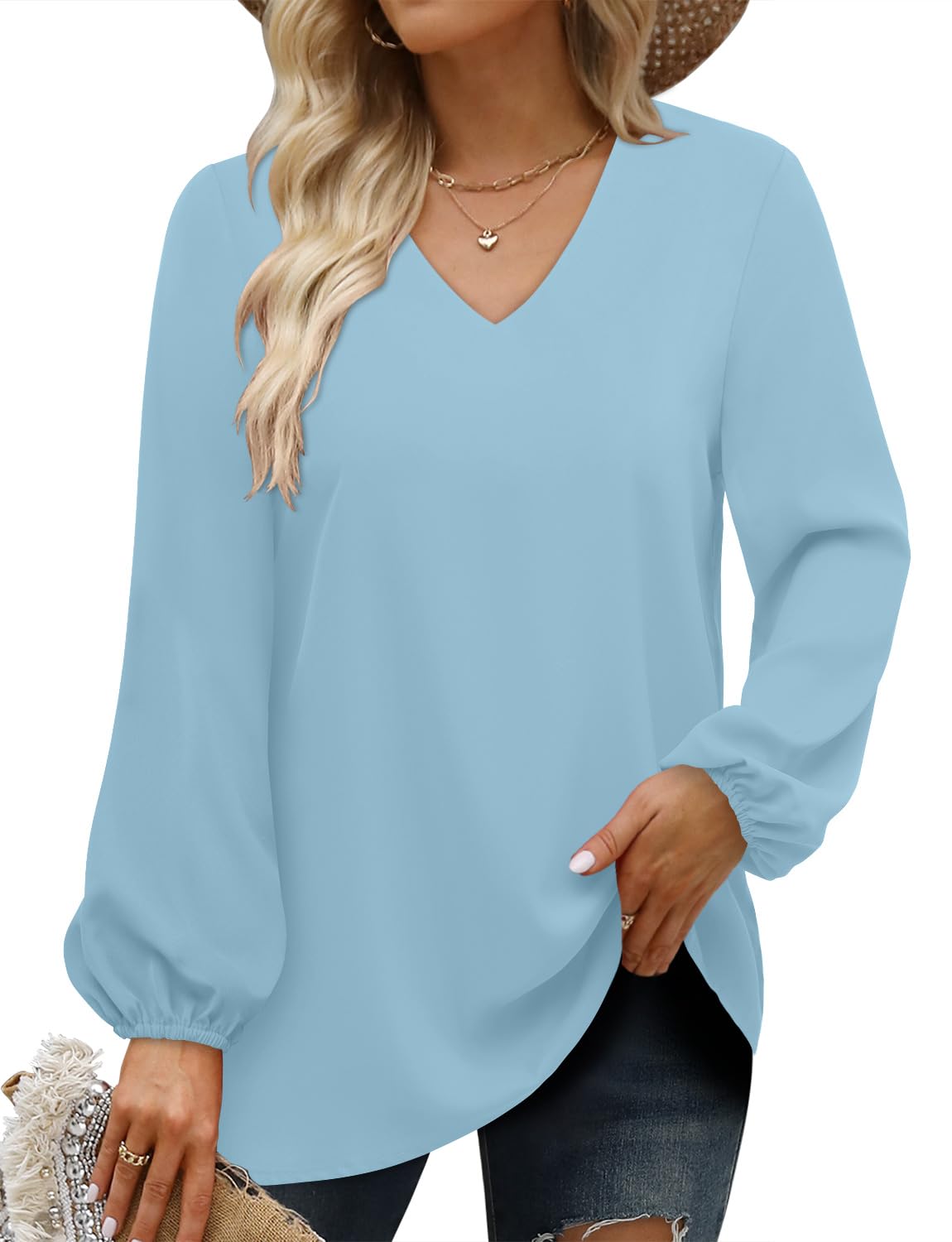 Womens Long Sleeve Shirt V Neck Casual Trendy Blouses Fashion Flowy Basic Tops