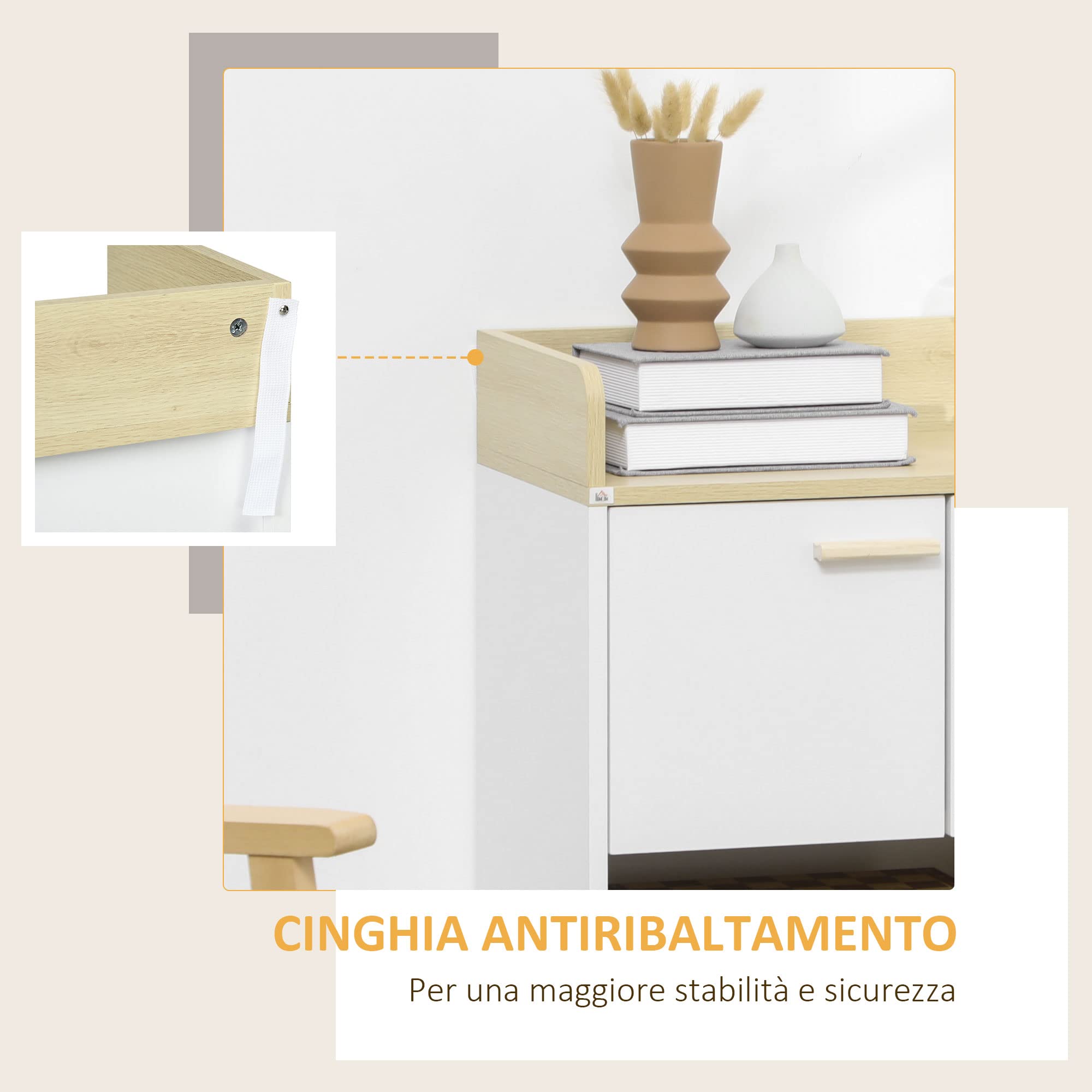 HOMCOM Mobiletto Multiuso con Armadietto e Ripiani Aperti, Mobile da Soggiorno, Cucina, Ufficio in Legno Bianco, 60x30x78cm